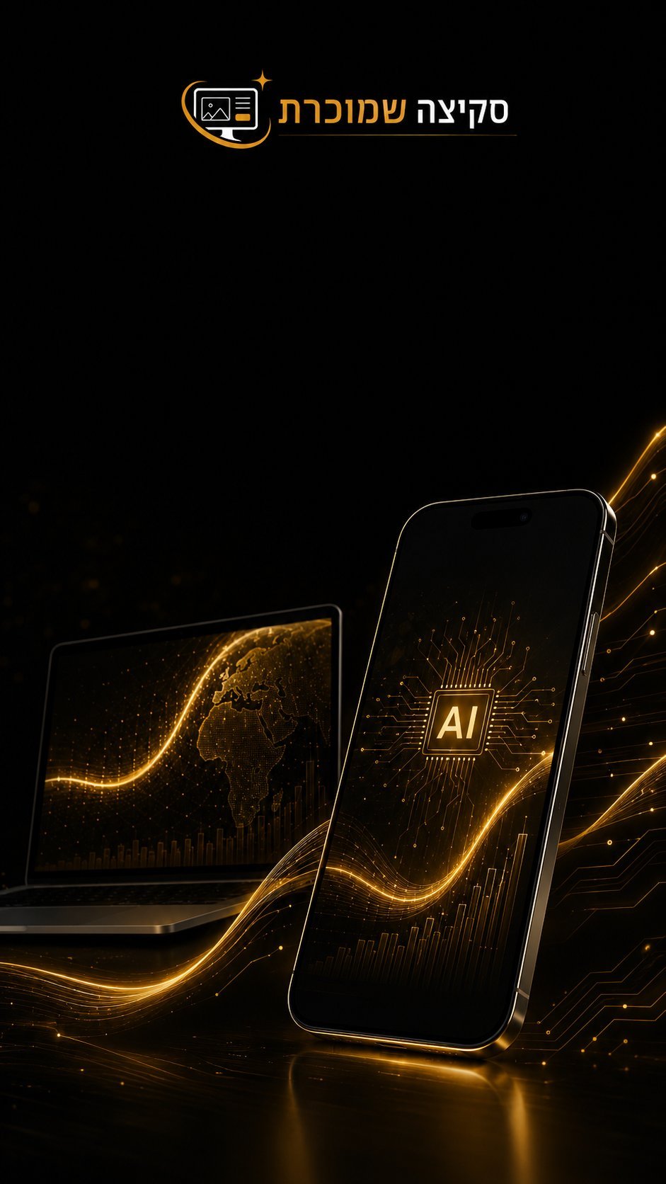 Smartphone and laptop displaying glowing golden AI chip circuit design with flowing data visualization on black background